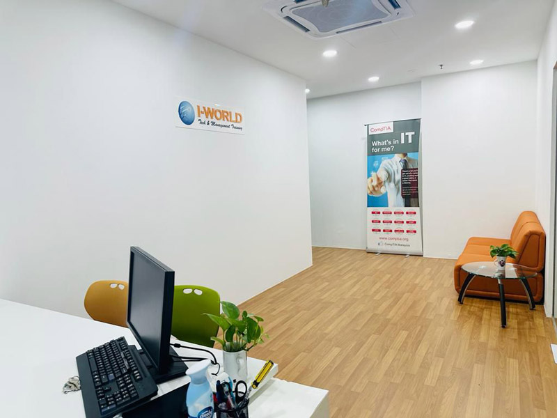 I-WORLD centre lobby with CompTIA course standee